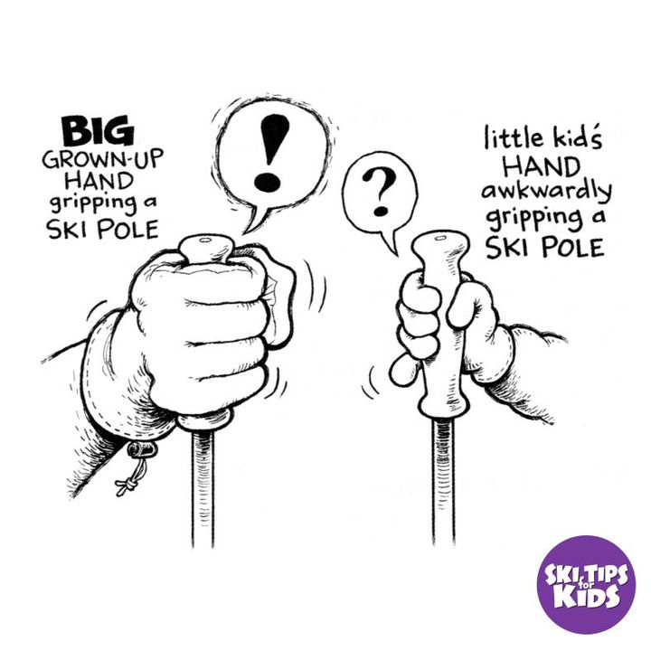 Small hands and ski poles illustration with the purple Ski Tips for Kids icon.
