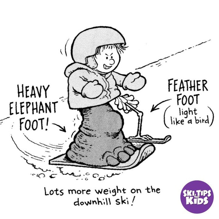 Elephant Foot, Bird Leg Turns

Heavy Foot, Happy Turns

Stomp Downhill, Fly Uphill