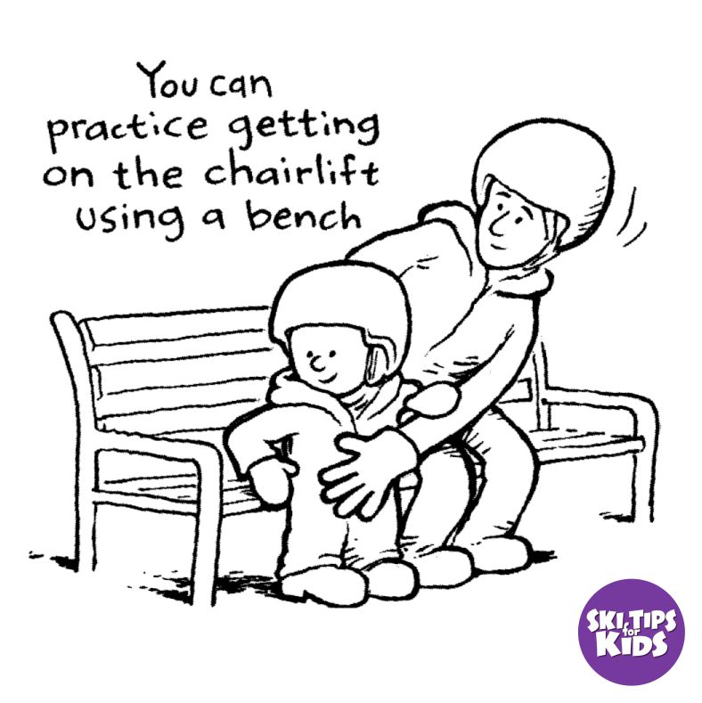 Bench chairlift practice illustration with the purple Ski Tips for Kids icon.
