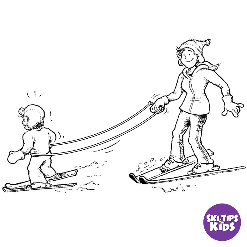 Adult and child skiing together with Slope Ropes, with the purple Ski Tips for Kids logo.